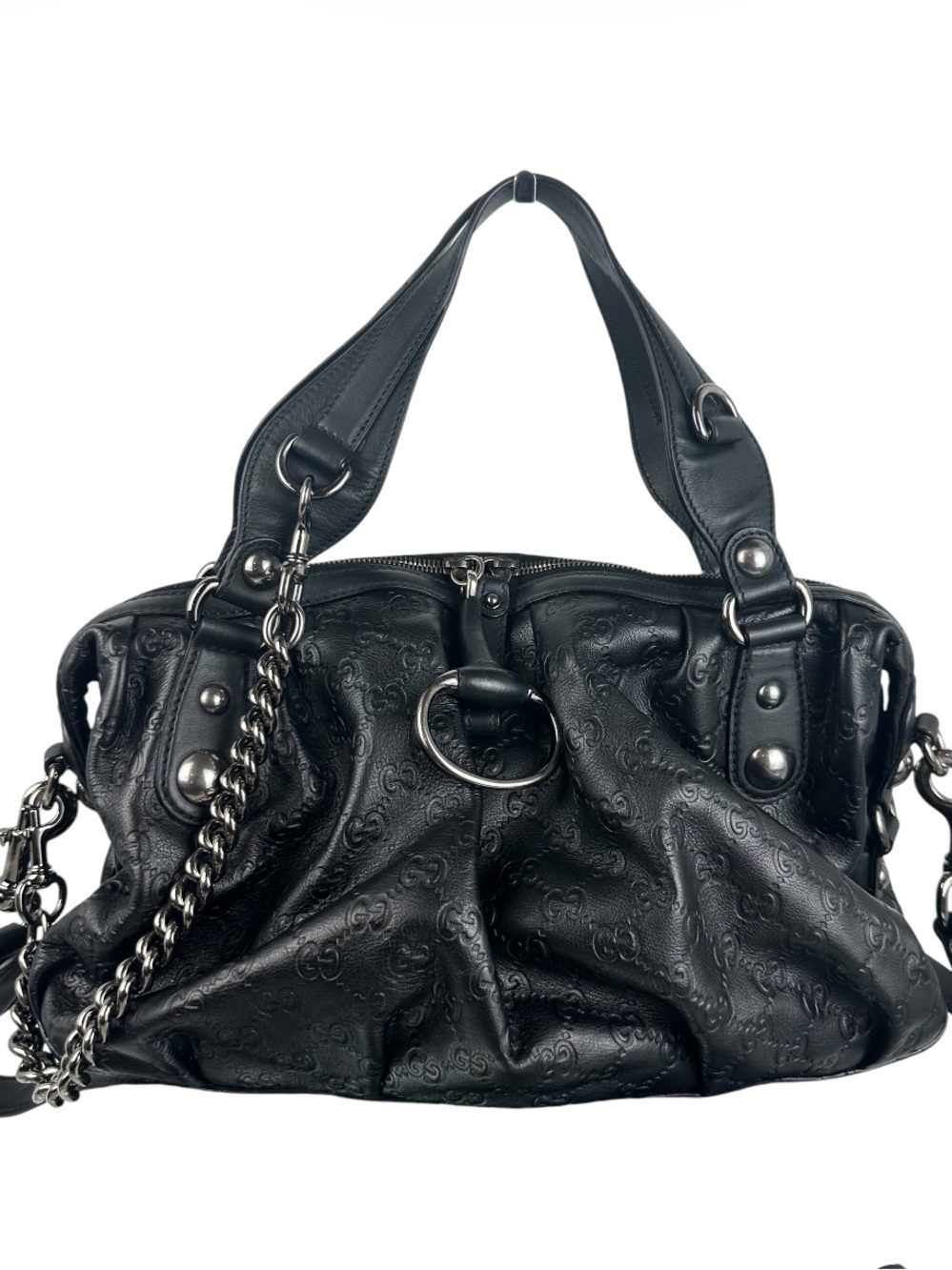 Gucci Guccissima Icon Bit Black Leather Satchel Shoulder Crossbody Bag SHW